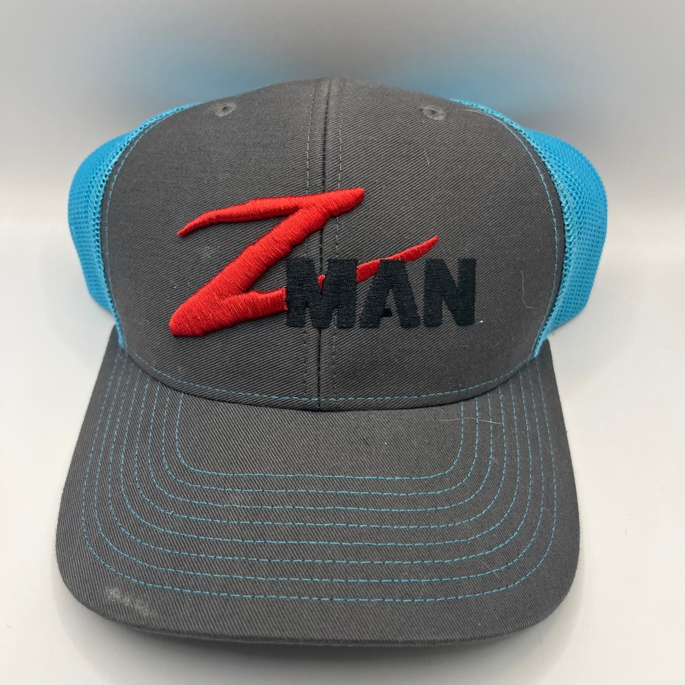 Z-Man Fishing Trucker Hat Mens OSFA Grey Blue Teal Snapback Mesh Logo Cap